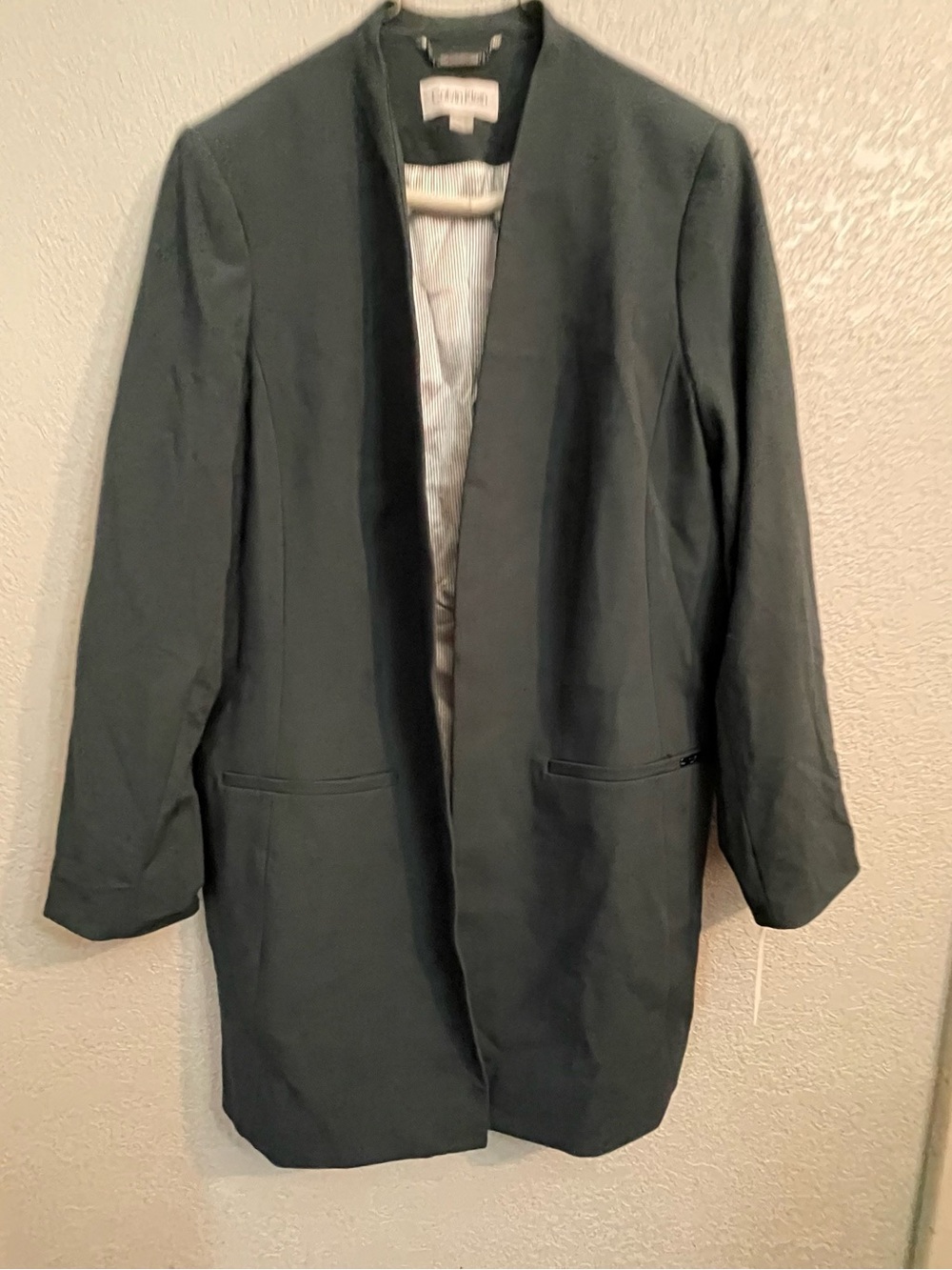 Calvin Klein Women's Dark Green Collarless Long Blazer - Picture 2 of 11
